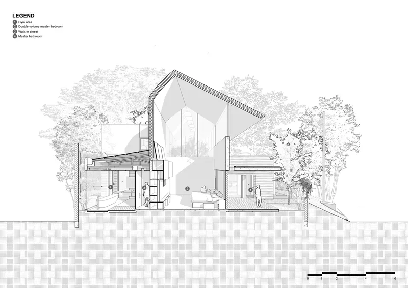 Section drawing through a two-story residence showing interior volumes and figures surrounded by trees
