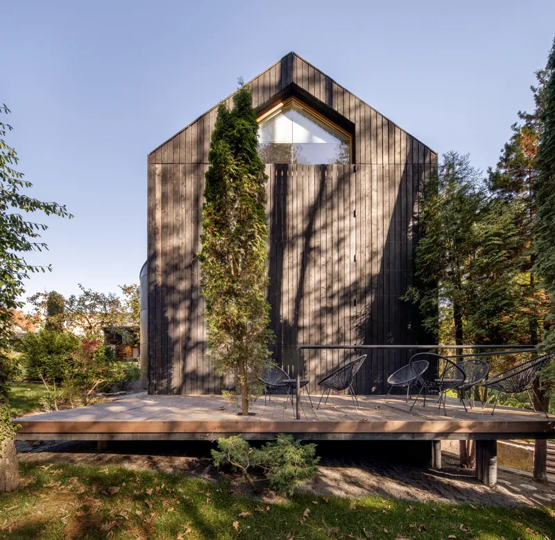 Weathered timber cladding on the gabled volume with triangular glazing and shadows from adjacent trees