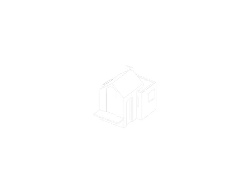 Axonometric drawing showing a compact gabled volume with vertical fenestration and solid walls