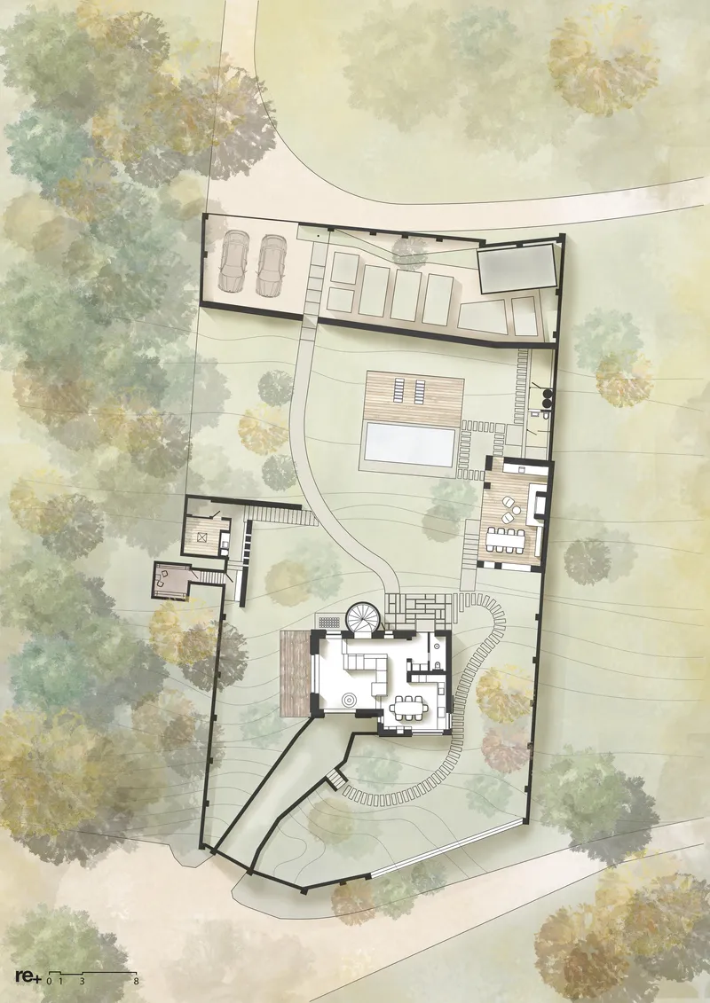 Site plan drawing with two structures, a curved path, and pool amid watercolor-rendered tree canopies