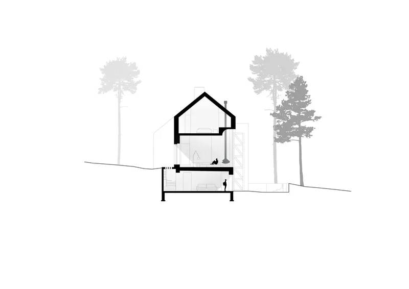 Section drawing showing the gabled roof profile and interior levels with silhouette trees on sloping terrain