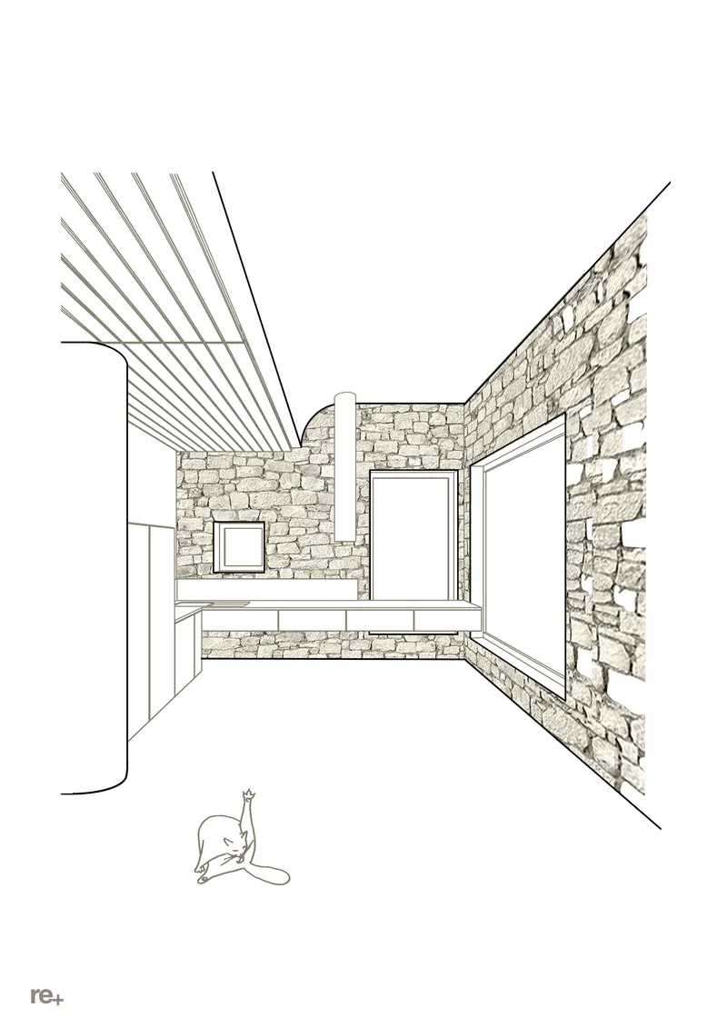Perspective sketch of stone-walled interior with skylight beams and a seated figure on the floor