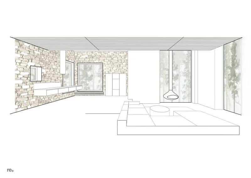 Interior perspective drawing showing stone walls, glazed openings, raised platform, and pendant fireplace with trees beyond