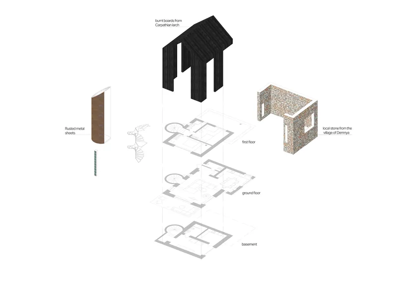 Exploded axonometric drawing showing timber roof structure, floor plans, and stone construction wall assembly