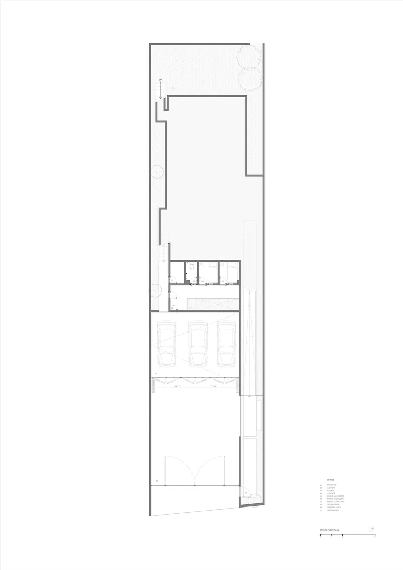 Ground floor plan showing a narrow linear plot with parking spaces and service zones