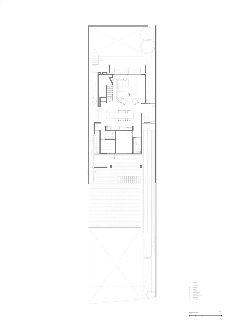 First floor plan showing living spaces with staircase and terrace area