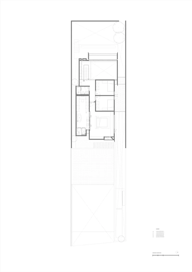 Second floor plan showing bedroom layout with rooftop pool and outdoor deck