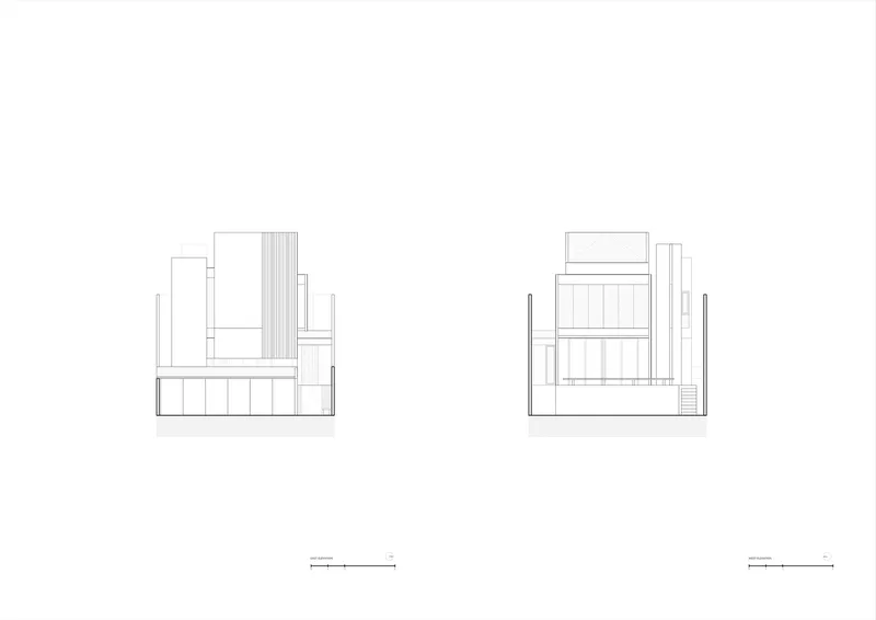 Section drawings showing the vertical arrangement of three-story volumes and stepped massing