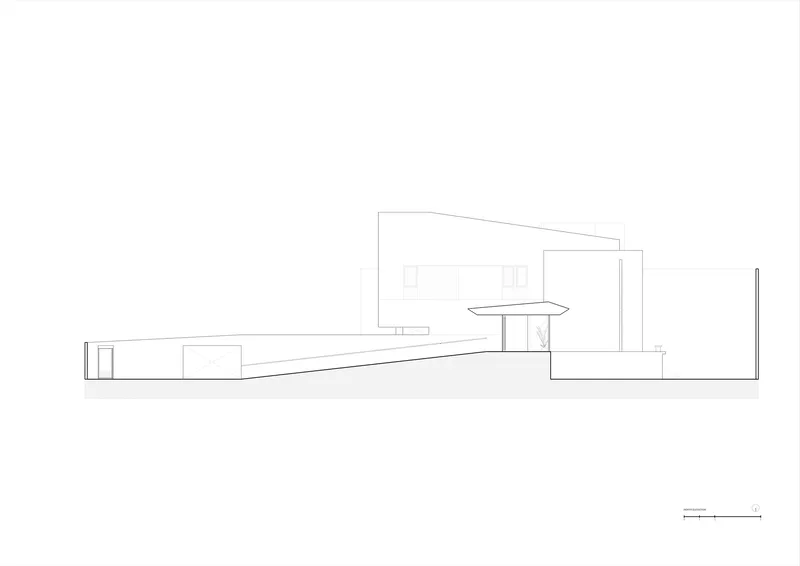 Elevation drawing showing cantilevered roof canopy and horizontal massing with vertical tower element