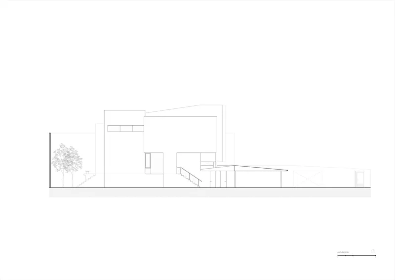 Elevation drawing showing stacked volumes with a tree in the adjacent courtyard