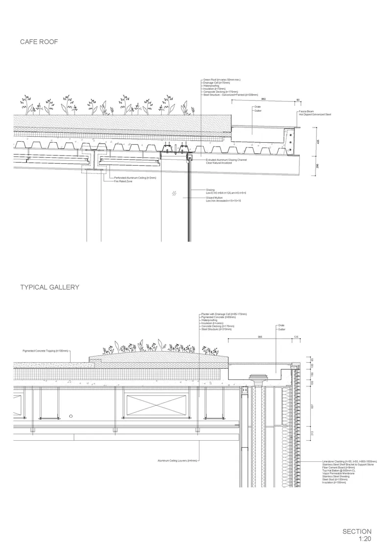 Detail section drawing showing cafe roof with planted beds and gallery ceiling assembly with annotations