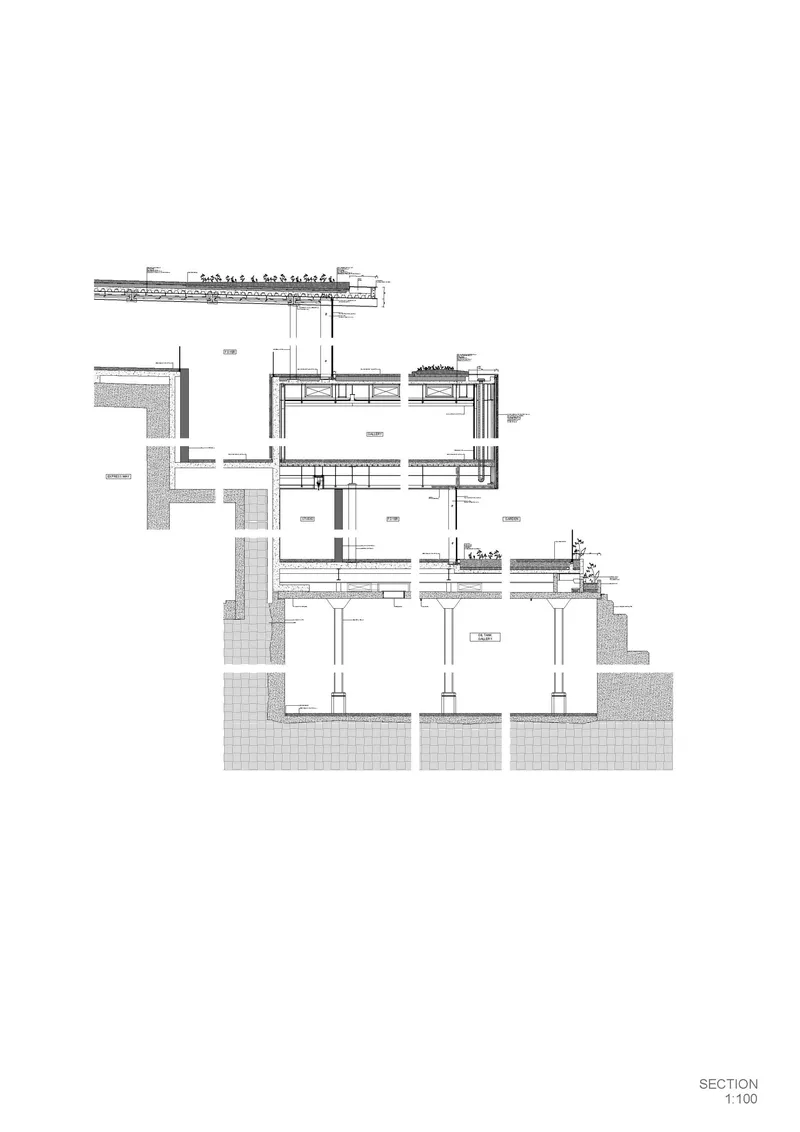 Section drawing showing multi-level interior spaces with columns and stepped terrain condition