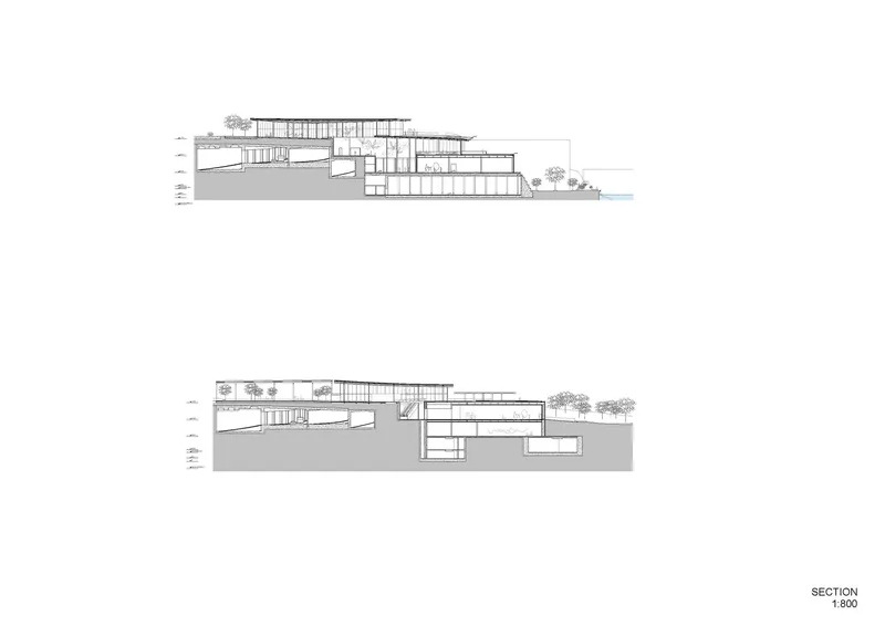 Section drawing showing terraced volumes stepping down the slope toward water with trees