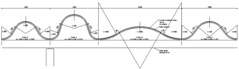 Elevation drawing showing the undulating wave-form roof structure with dimensional annotations