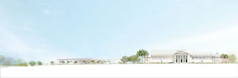 Elevation rendering showing the long horizontal building facade with palm trees under a pale sky
