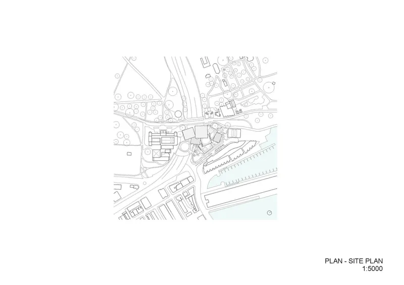 Site plan drawing showing the development footprint within surrounding roads, parkland and waterfront context