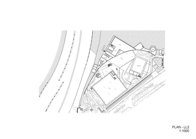 Floor plan drawing of level two showing upper floor layout with angled geometry responding to site boundaries