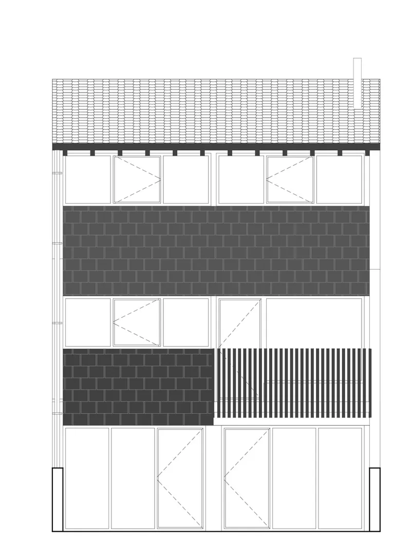 Elevation drawing showing tiled roof with masonry bands and vertical slatted panel at ground level