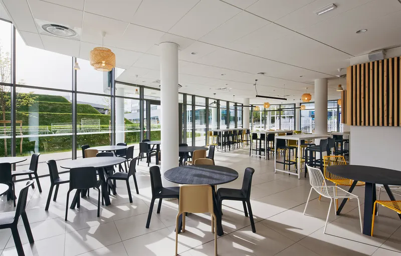 Cafeteria with white columns, pendant lights, and mixed seating overlooking the landscaped courtyard