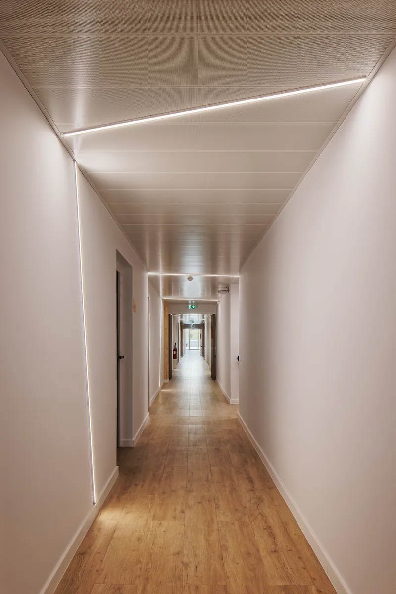 Long corridor with white walls, linear ceiling lighting and timber flooring receding to a distant window
