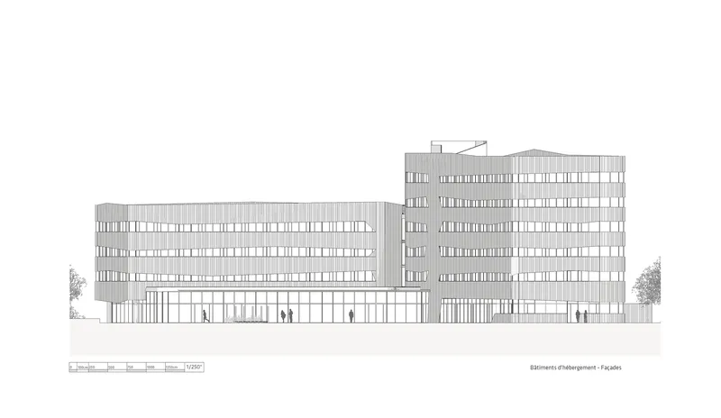 Elevation drawing depicting two connected volumes with horizontal fenestration and figures at ground level
