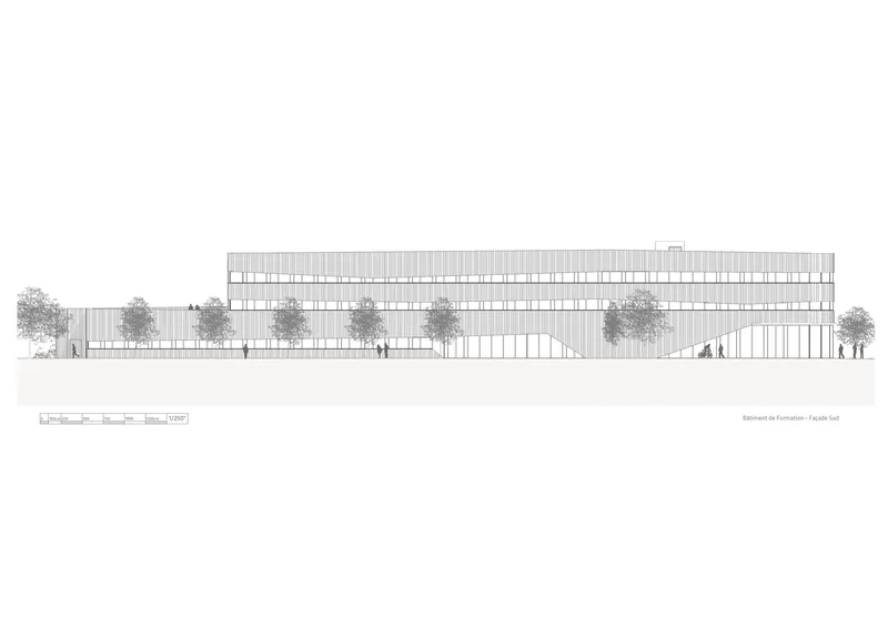 Elevation drawing showing the horizontal facade with trees and figures in front