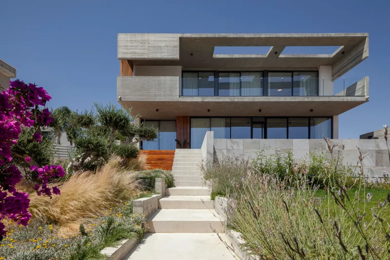 Concrete entry stairway ascending through planted beds with ornamental grasses and bougainvillea