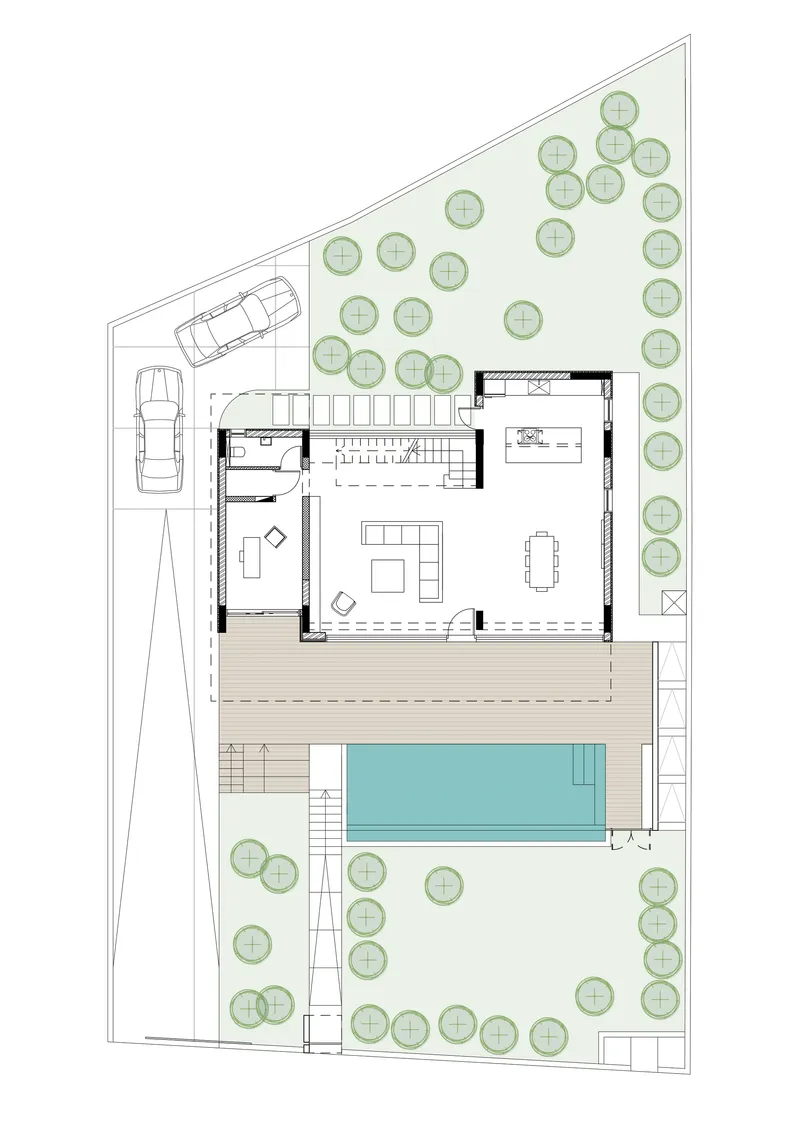 Site plan drawing showing the residence with pool deck and surrounding landscaped areas