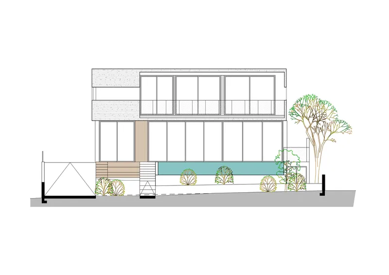 Section drawing showing the two-story glazed facade with pool terrace and planted vegetation