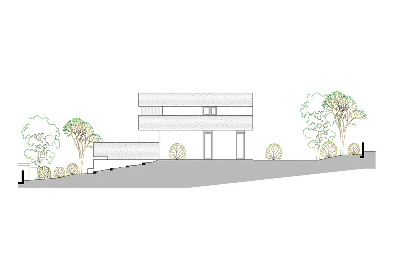 Elevation drawing showing the stacked volumes on an incline with landscape plantings