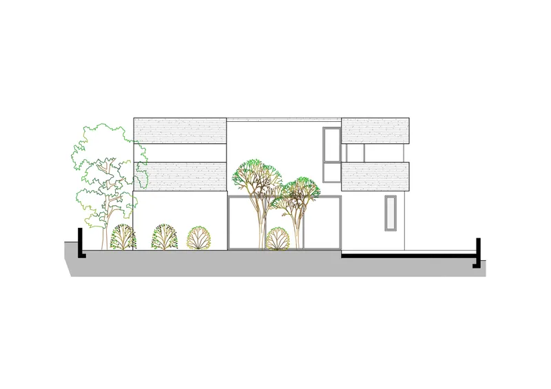 Section drawing showing a two-storey structure with planted trees along the ground plane