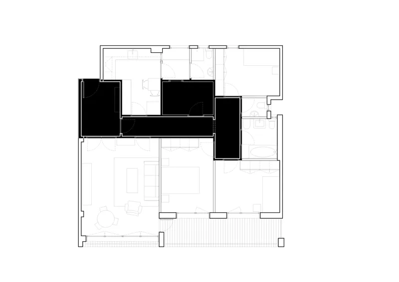Floor plan drawing showing a curved volume in black highlighting kitchen and service zones