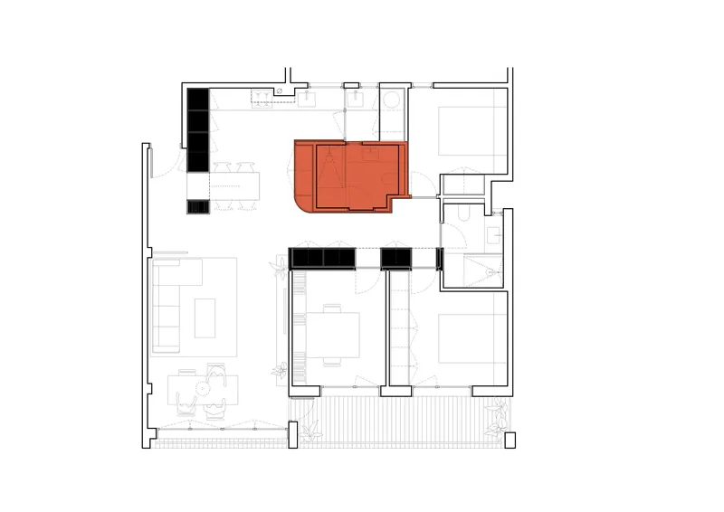 Floor plan drawing with the curved volume rendered in orange against outlined rooms and furniture