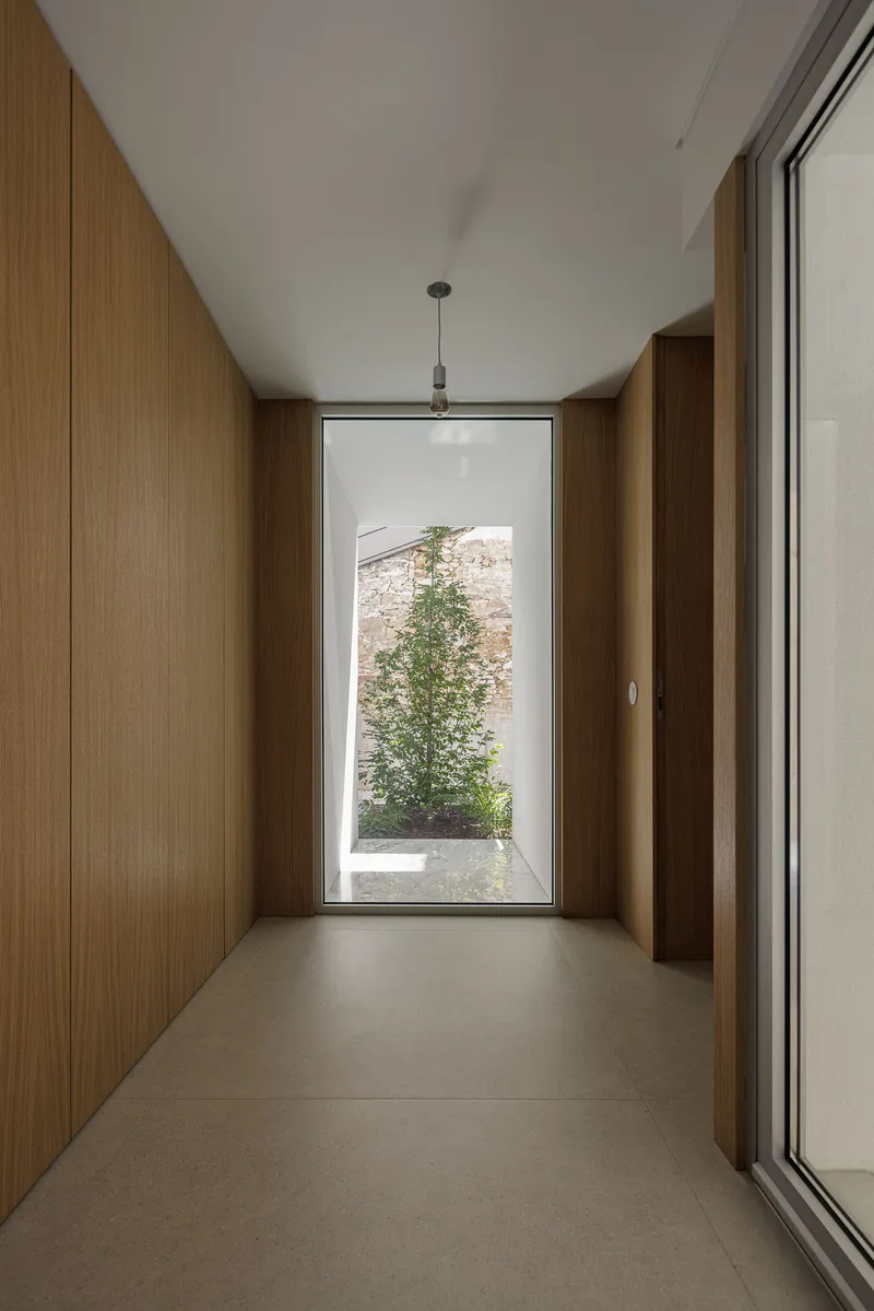 Narrow wood-paneled corridor terminating at a glazed door with a potted tree visible beyond