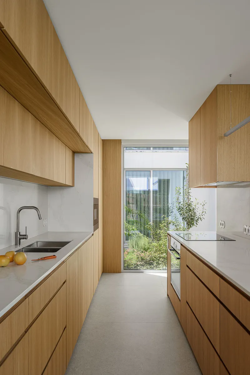 Galley kitchen with timber cabinetry and stone counters overlooking a planted courtyard through full-height glazing