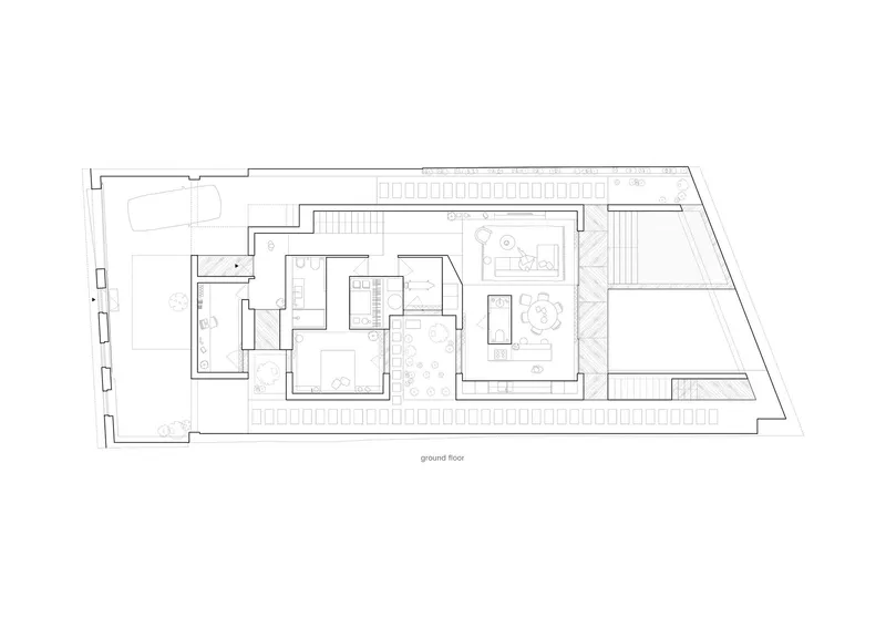 Ground floor plan drawing showing rectangular rooms arranged around courtyards with scattered tree symbols