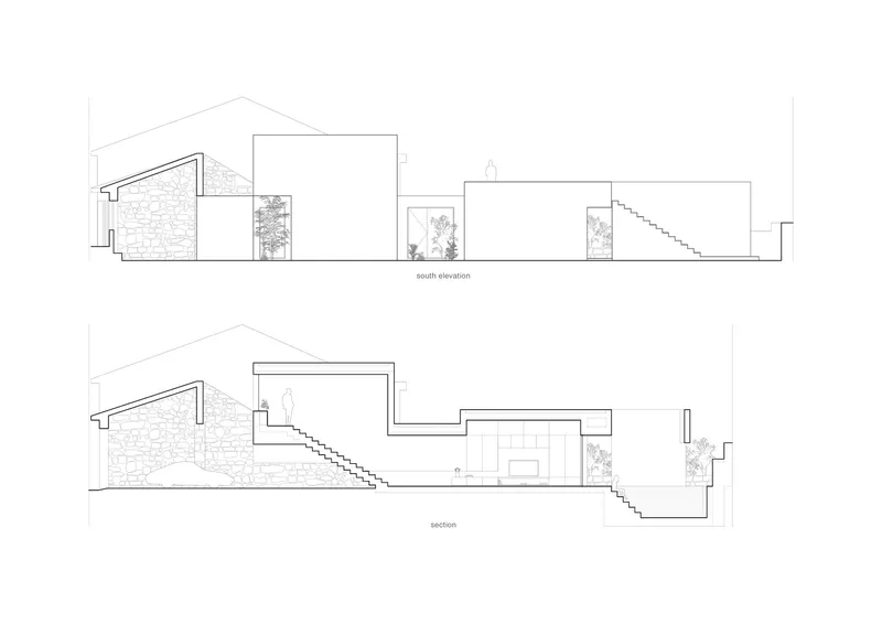 South elevation and section drawings showing pitched roof volumes with stone wall and stepped terrace