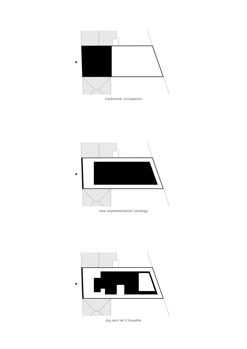 Diagram showing three plan iterations illustrating evolution from traditional footprint to fragmented massing strategy