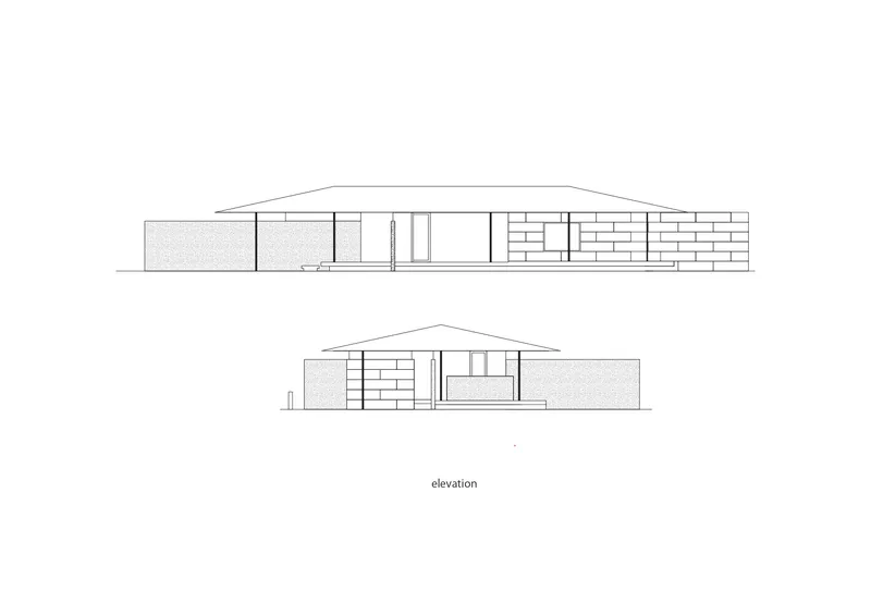 Elevation drawings showing the low-slung profile with a hipped roof and solid and glazed wall panels