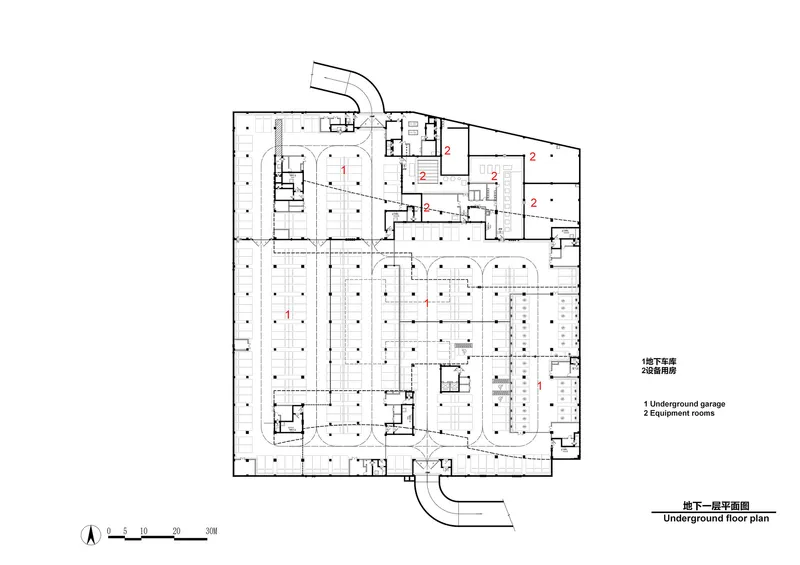 Underground floor plan drawing indicating parking garage and equipment rooms with structural grid