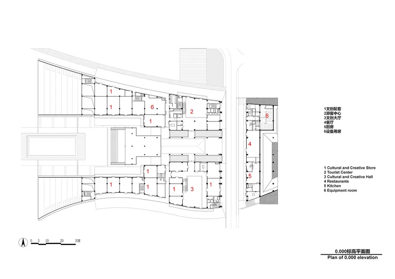 Floor plan drawing at ground level showing cultural store and hall spaces with curved exterior wall