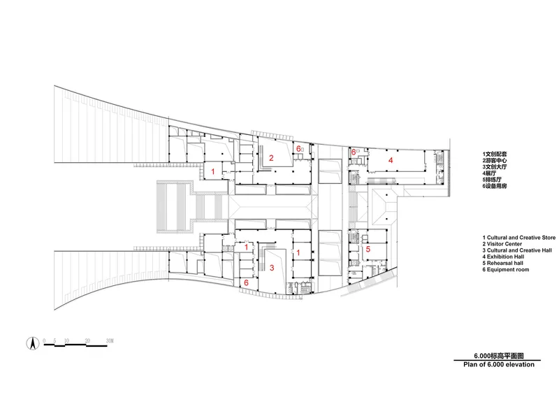 Floor plan drawing at upper level showing exhibition hall and restaurant spaces along stepped terraces