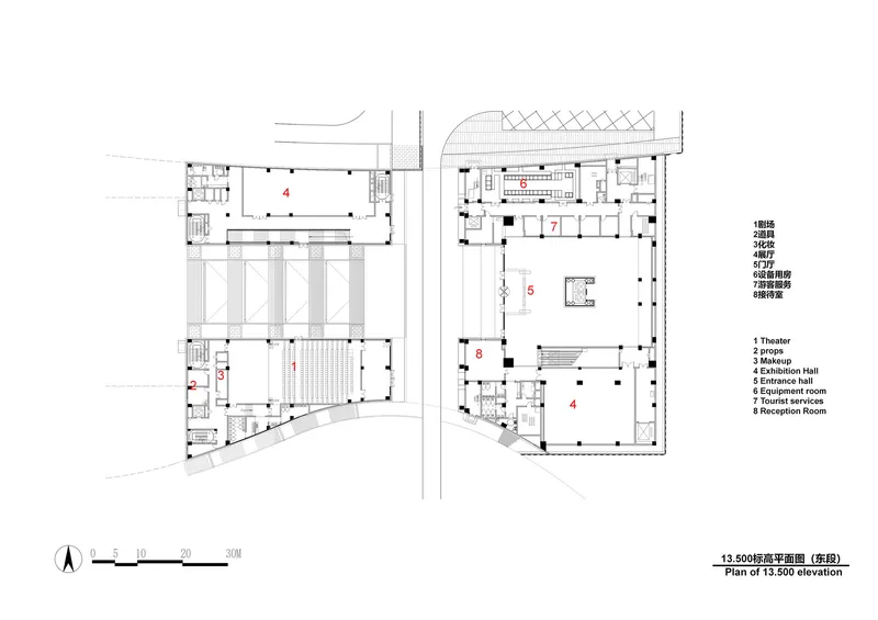 Floor plan drawing showing two interconnected buildings with labeled program spaces and a central courtyard