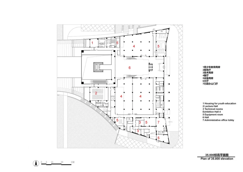 Floor plan drawing showing a multi-winged layout with exhibition halls and support spaces around courtyards