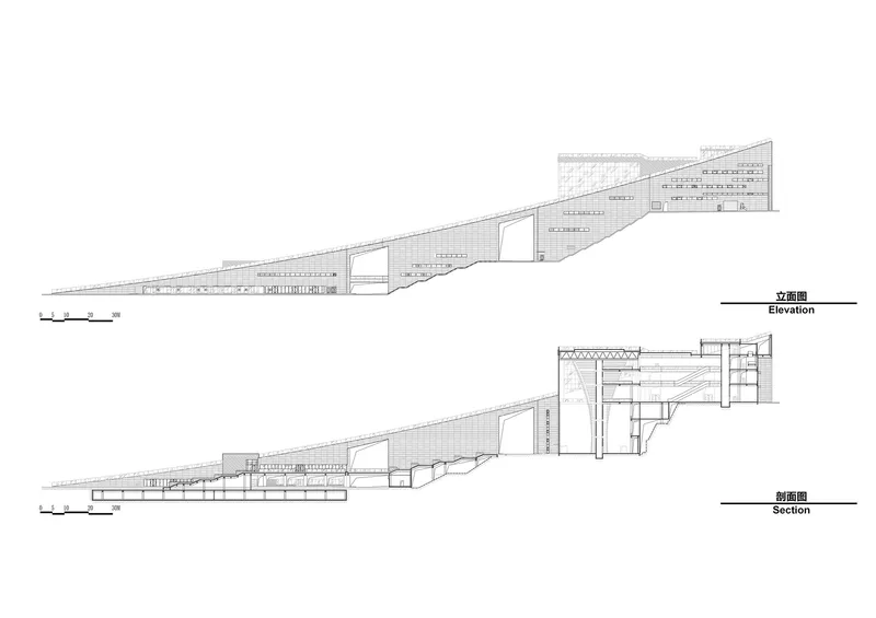 Elevation and section drawing showing the building cascading down a sloped site with terraced levels