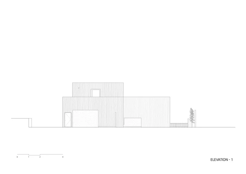 Elevation drawing showing stepped rectangular volumes with vertical cladding and a single tree