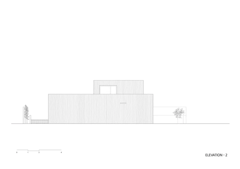 Elevation drawing showing the rear facade with stepped massing and flanking trees