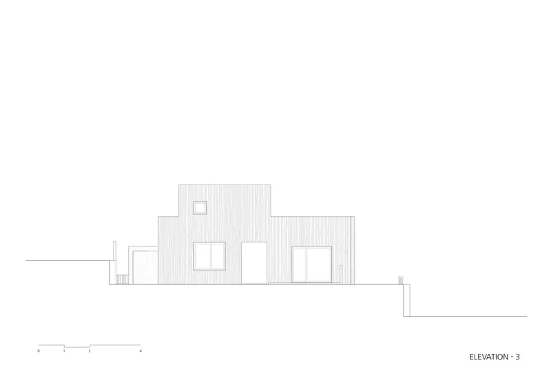 Elevation drawing showing the facade with varied window openings and a low retaining wall