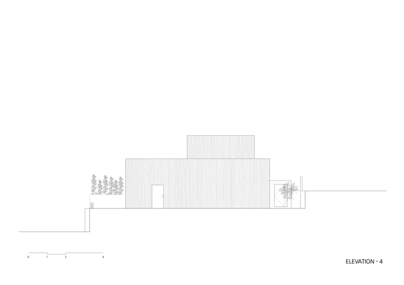 Elevation drawing showing the facade with a central door and trees on sloped terrain