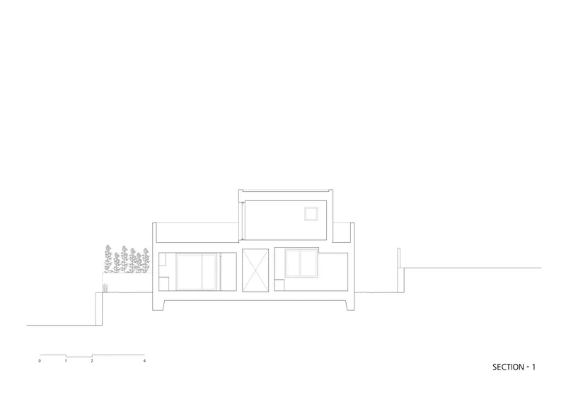 Section drawing showing interior room divisions across two levels with adjacent trees